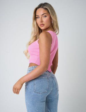 Diamante Heart Trim Crop Top Pink