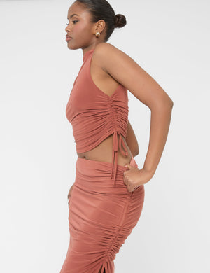 Ruched Detail Slinky High Neck Crop Top Rust