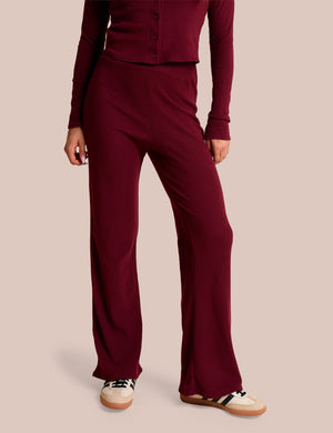 High Waist Rib Wide Leg Trouser Burgundy