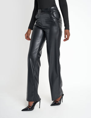 Faux Leather Straight Leg Trousers Black