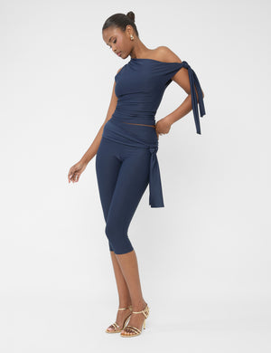 Knot Detail Tie Side Luxe Slinky Capri Pants Navy