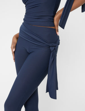 Knot Detail Tie Side Luxe Slinky Capri Pants Navy