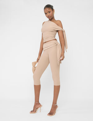 Knot Detail Tie Side Luxe Slinky Capri Pants Latte