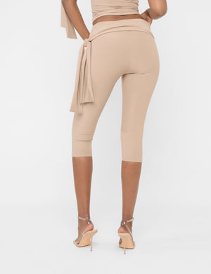 Knot Detail Tie Side Luxe Slinky Capri Pants Latte