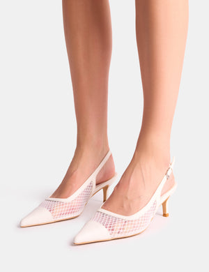 Roue White Mesh Detail Slingback Mid Court Heels