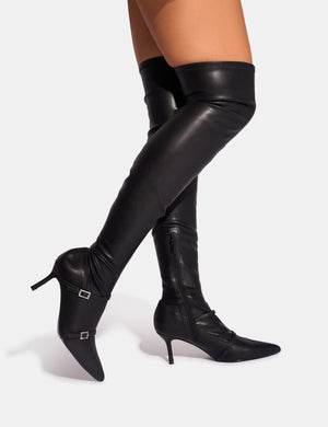 Roulette Black Pointed Toe Diamante Buckle Mid Heel Thigh High Sock Boots