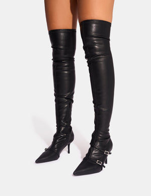 Roulette Black Pointed Toe Diamante Buckle Mid Heel Thigh High Sock Boots