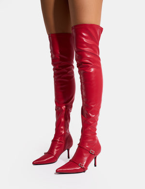 Roulette Red Pointed Toe Diamante Buckle Mid Heel Thigh High Sock Boots