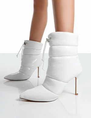 Reset White Patent Puffer Drawstring Heeled Boots