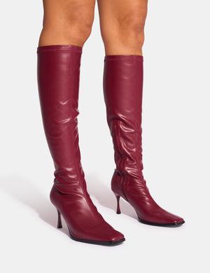 Scorpion Cracked Burgundy Mid Heel Sock Knee High Boots