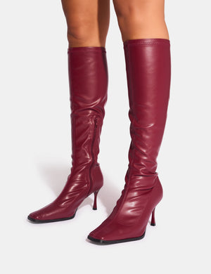 Scorpion Cracked Burgundy Mid Heel Sock Knee High Boots