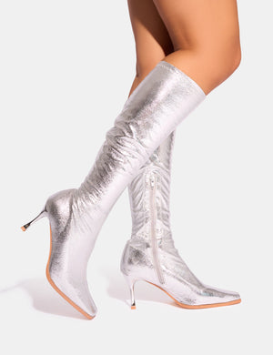 Scorpion Cracked Silver Mid Heel Sock Knee High Boots