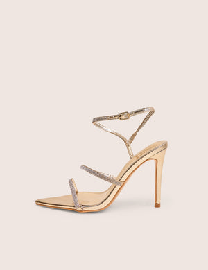 Seductive Gold Mirror Pu Diamante Strap Pointed Toe Stiletto High Heels