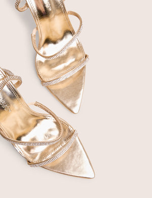 Seductive Gold Mirror Pu Diamante Strap Pointed Toe Stiletto High Heels