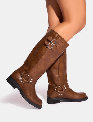 Sirius Tan Vintage Buckle Knee Hight Flat Boots Public Desire Public Desire AU