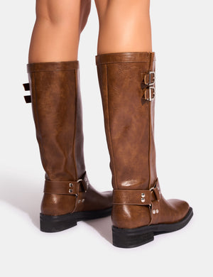 Sirius Tan Vintage Buckle Knee Hight Flat Boots