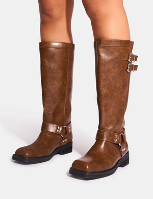 Sirius Tan Vintage Buckle Knee Hight Flat Boots