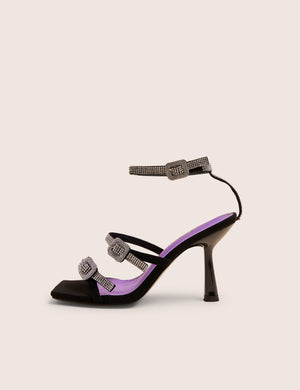 Spellbound Black Three Strap Diamante Buckle Heels