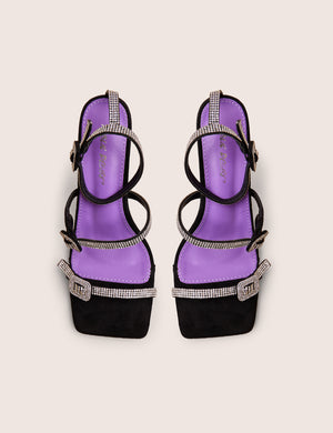 Spellbound Black Three Strap Diamante Buckle Heels