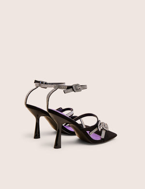Spellbound Black Three Strap Diamante Buckle Heels
