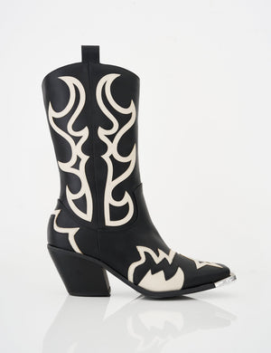 Starrie Black Pu Metal Square Toe Heeled Cowboy Ankle Boots