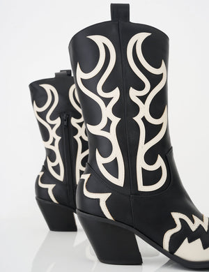 Starrie Black Pu Metal Square Toe Heeled Cowboy Ankle Boots