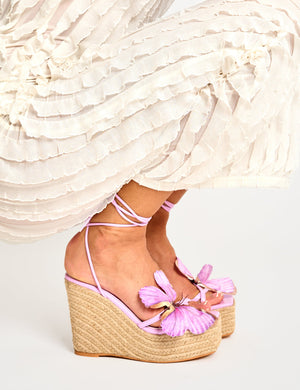 Staycation Lilac Pu Butterfly Detail Lace Up Jute Wedges