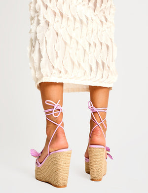 Staycation Lilac Pu Butterfly Detail Lace Up Jute Wedges