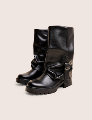 Terry Black Fold Over Buckle Detail Ankle Boots