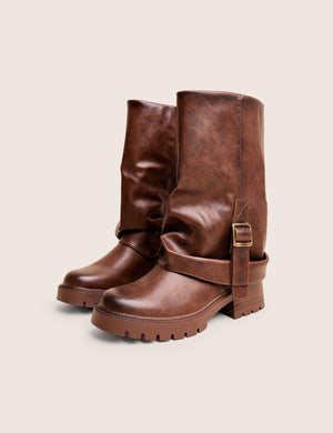 Terry Chocolate Brown Fold Over Buckle Detail Ankle Boots