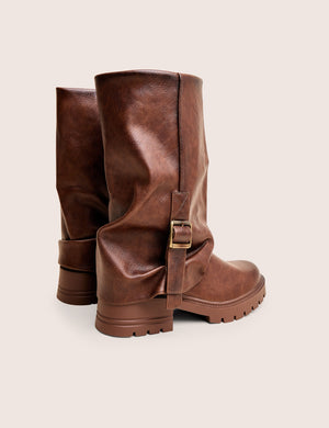 Terry Chocolate Brown Fold Over Buckle Detail Ankle Boots