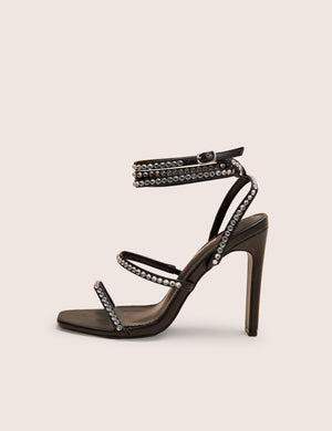 Ultra Chic Wide Fit Black  Diamante Strappy Square Toe Slim Block Illusion Heel