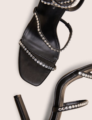 Ultra Chic Wide Fit Black  Diamante Strappy Square Toe Slim Block Illusion Heel