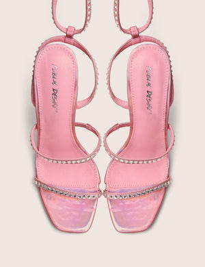 Ultra Chic Pink Diamante Strappy Square Toe Slim Block Illusion Heel