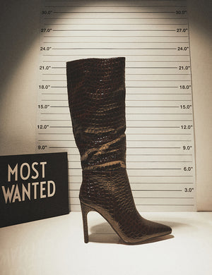 Undone Brown Patent Croc Knee High Zip Up Pointed Toe Thin Block Heeled Boots