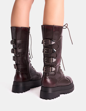 Vex Burgundy Multi Buckle Detail Lace Up Knee High Boots