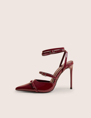 Viper Burgundy Three Strap Buckle Detail Court Heels