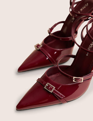 Viper Burgundy Three Strap Buckle Detail Court Heels