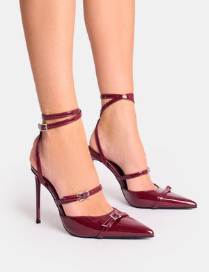 Viper Burgundy Three Strap Buckle Detail Court Heels