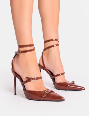 Viper Chocolate Three Strap Buckle Detail Court Heels