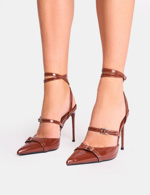 Viper Chocolate Three Strap Buckle Detail Court Heels