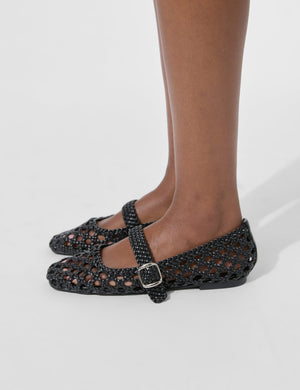 Winoma Black Pu Buck Detail Strap Woven Ballet Pump