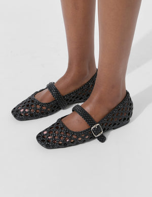 Winoma Black Pu Buck Detail Strap Woven Ballet Pump