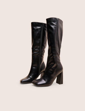 Zoya Black Slanted Toe Block Heel Knee High Sock Boots