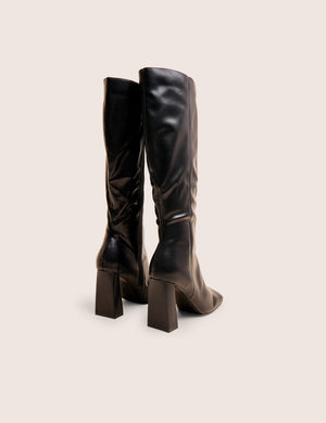 Zoya Black Slanted Toe Block Heel Knee High Sock Boots