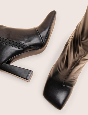 Zoya Black Slanted Toe Block Heel Knee High Sock Boots