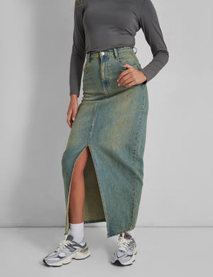 Split Front Denim Maxi Skirt Vintage Wash