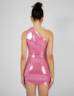 One Shoulder Ruched Metallic Mini Dress Pink