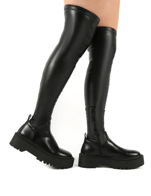 Charly Black Pu Chunky Sole Over The Knee Boots