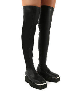 Machine Black Metal Detail Chunky Sole Knee High Boots